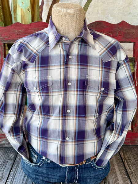 Men’s Roper long sleeve western plaid shirt in natural and purple, featuring pearl snap front and dual chest flap pockets – 3012787041. Available at Blair’s Western Wear, Marble Falls, TX.