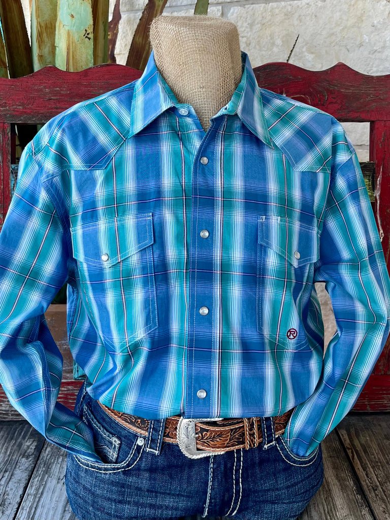 Men's Roper Western Shirt in blue and teal plaid, featuring a vibrant pattern with functional snap pockets - 3012783017. Available at Blair's Western Wear, Marble Falls, TX.