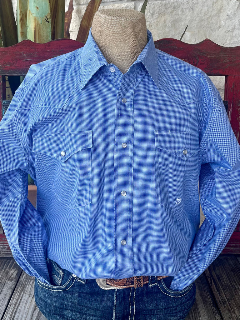 Men’s Roper Western Shirt in Blue/White Check, breathable cotton-poly blend for all-day comfort, with classic snap front and double chest pockets - 3012783103. Available at Blair's Western Wear, Marble Falls, TX.