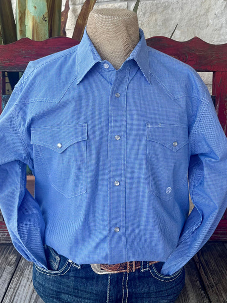 Men’s Roper Western Shirt in Blue/White Check, breathable cotton-poly blend for all-day comfort, with classic snap front and double chest pockets - 3012783103. Available at Blair's Western Wear, Marble Falls, TX.