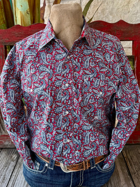Men’s Roper Western Shirt snap shirt in red, bold paisley print delivers standout Western style, with pearl snap front closure for easy wear - 3012252030. Available at Blair's Western Wear, Marble Falls, TX.
