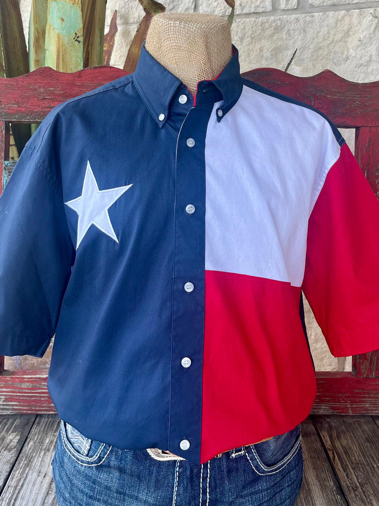 Men’s Roper Western Shirt Texas Flag Button-Down in Red/White/Blue, with breathable cotton blend comfort, and button-down collar for a secure fit – 302185201. Available at Blair's Western Wear, Marble Falls, TX.