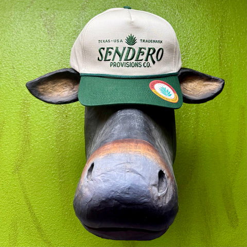 Men's Sendero Provisions Co. Cap Logo Hat in Cream/Green, structured five-panel design with embroidered front logo, with adjustable snapback closure for a customizable fit - LOGO GRN. Available at Blair's Western Wear, Marble Falls, TX.