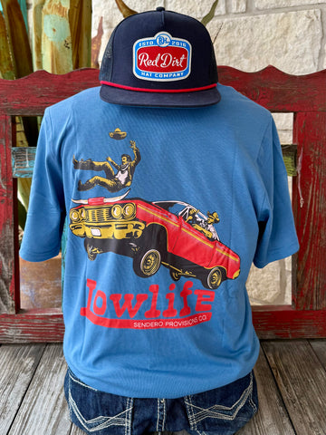 Men’s Sendero Provisions Co. graphic t-shirt Lowlife Blues in blue/red, featuring soft breathable fabric, with a bold lowrider back graphic – LOWLIFE BLUES. Available at Blair's Western Wear, Marble Falls, TX.