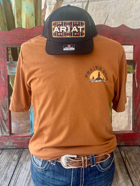 Men's Sendero Provisions Co. Graphic T-Shirt in Brick/Natural, made from a soft organic cotton blend for breathable comfort, with a bold prairie dog design on the back and reinforced neckline – SPCS125S39A. Available at Blair's Western Wear, Marble Falls, TX.