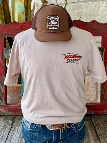 Men’s Sendero Provisions Co. graphic short sleeve t-shirt in tan with brick-red “Jackalope Season” design, breathable cotton fabric, and bold back graphic print - SPCS125F11. Available at Blair's Western Wear, Marble Falls, TX.