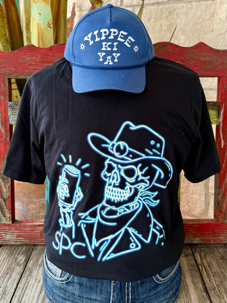 Men’s Sendero short sleeve graphic t-shirt in black with turquoise neon cowboy skull design, soft cotton blend for comfort, and relaxed fit for everyday wear - BRDWY BONES B. Available at Blair's Western Wear, Marble Falls, TX.