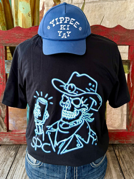 Men’s Sendero short sleeve graphic t-shirt in black with turquoise neon cowboy skull design, soft cotton blend for comfort, and relaxed fit for everyday wear - BRDWY BONES B. Available at Blair's Western Wear, Marble Falls, TX.