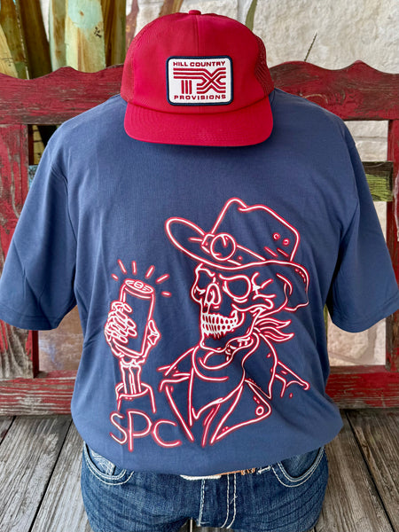 Men’s Sendero short sleeve neon cowboy t-shirt in navy/red, made from a soft cotton blend for breathable comfort, with bold neon-style skeleton cowboy graphic for standout western style - BRDWY BONES N. Available at Blair's Western Wear, Marble Falls, TX.