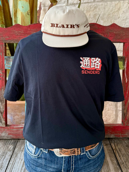 Men’s Sendero short sleeve graphic t-shirt in black with corral red koi bronc cowboy design, soft cotton for breathable comfort, bold chest and back graphics - KOI BRONC. Available at Blair's Western Wear, Marble Falls, TX.