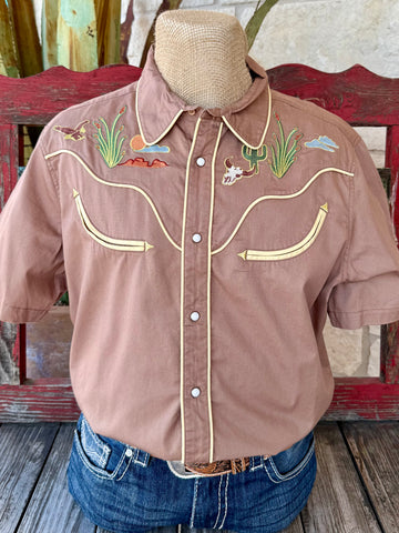 Men’s Sendero short sleeve Western embroidered shirt in tan/yellow, featuring desert-themed embroidery with steer skull and cactus, and pearl snap buttons for easy wear - PRESCOTT. Available at Blair's Western Wear, Marble Falls, TX.