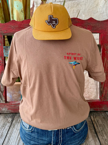 Men’s Sendero graphic t-shirt in brown with turquoise and red details, featuring embroidered “Spirit of the West” with UFO on front, and large retro robot cowboy graphic with “Danger, Danger, Cowboy” on back - T ROBOT COWBOY. Available at Blair's Western Wear, Marble Falls, TX.