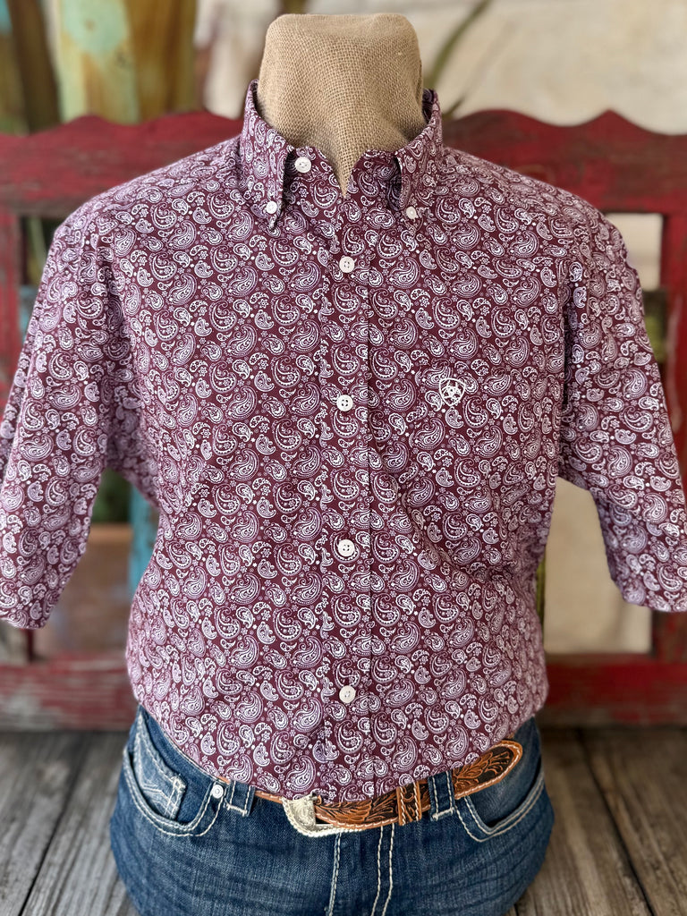 Men's Ariat Short Sleeve Paisley Button-Down Shirt in Maroon White - Front View