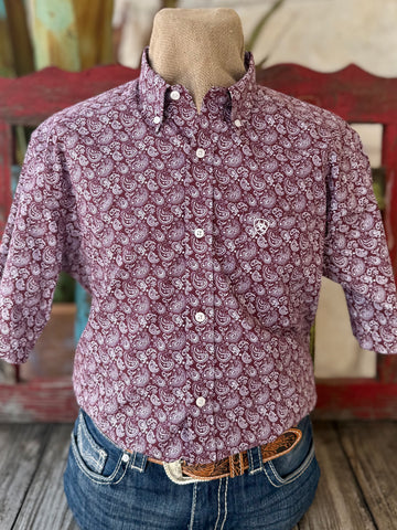 Men's Ariat Short Sleeve Paisley Button-Down Shirt in Maroon White - Front View