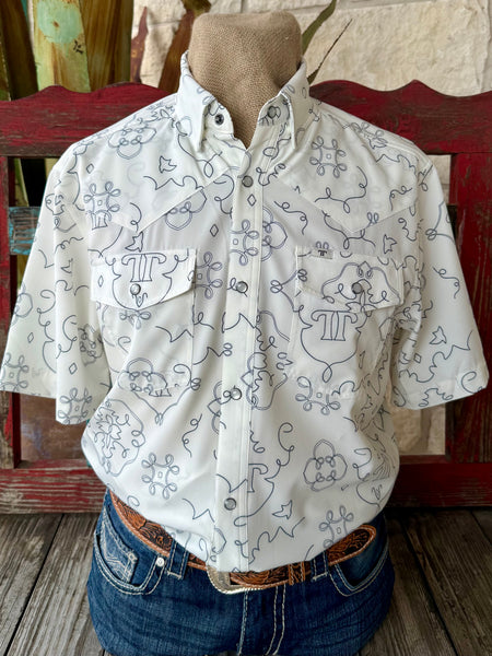 Men's Ferrell Brand Short Sleeve Rope Print Snap Shirt in White Blue - Front View