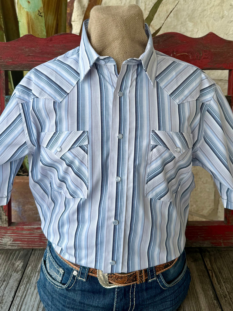 Men's Panhandle Slim Short Sleeve Stripe Snap Shirt in White Navy Blue - Front View