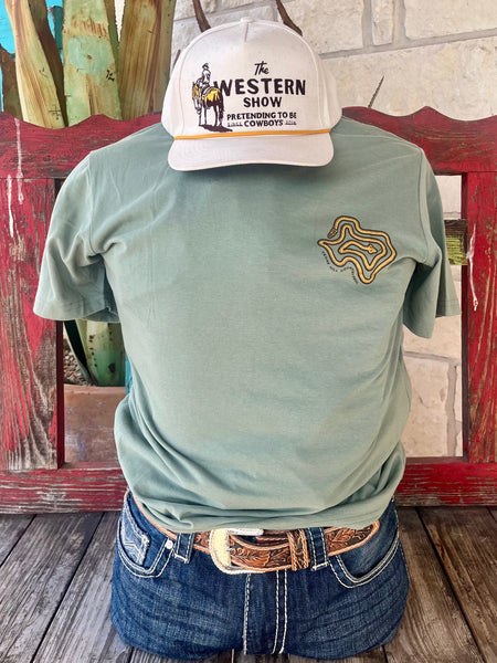 Men's THC Provisions Short Sleeve Shirt in sage, featuring unique Texas snake design and sueded fabric blend for ultimate comfort - TEXAS RATTLER. Available at Blair's Western Wear, Marble Falls, TX.
