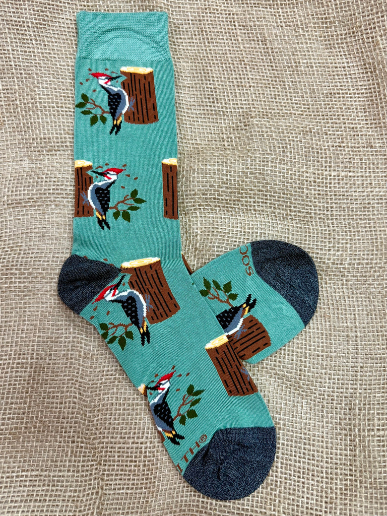 Men’s Socksmith Bamboo Woodpecker Crew Socks in Green, made from eco-friendly bamboo rayon for softness, with seamless toe construction for irritation-free comfort - MBN2987. Available at Blair's Western Wear, Marble Falls, TX.