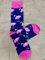 Men’s Socksmith Flamingo novelty crew socks in navy with pink flamingo design, built from a cotton-rich blend for comfort, with reinforced heel and toe for durability - MNC605. Available at Blair's Western Wear, Marble Falls, TX.
