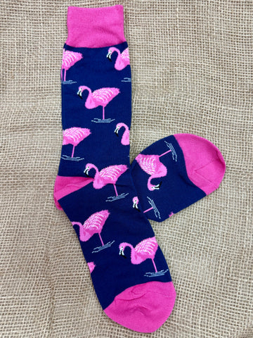 Men’s Socksmith Flamingo novelty crew socks in navy with pink flamingo design, built from a cotton-rich blend for comfort, with reinforced heel and toe for durability - MNC605. Available at Blair's Western Wear, Marble Falls, TX.