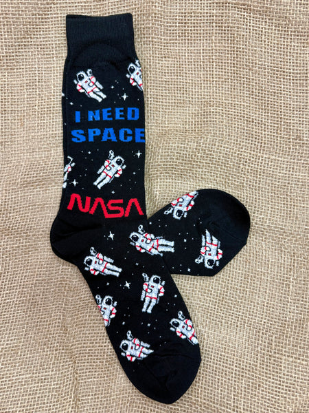 Men’s Socksmith NASA astronaut crew socks in black, made with a soft cotton blend for comfort, with reinforced heel and toe for long-lasting wear - MNC2648. Available at Blair's Western Wear, Marble Falls, TX.