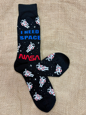 Men’s Socksmith NASA astronaut crew socks in black, made with a soft cotton blend for comfort, with reinforced heel and toe for long-lasting wear - MNC2648. Available at Blair's Western Wear, Marble Falls, TX.