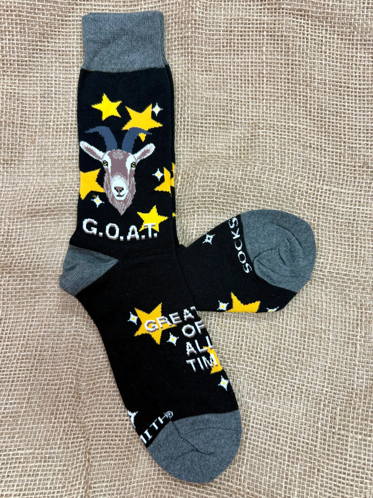 Men’s Socksmith novelty black GOAT star socks with soft cotton comfort, reinforced heel and toe for durability, and stretch-fit fabric for all-day wear - MNC3049. Available at Blair's Western Wear, Marble Falls, TX.