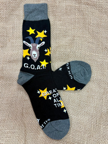 Men’s Socksmith novelty black GOAT star socks with soft cotton comfort, reinforced heel and toe for durability, and stretch-fit fabric for all-day wear - MNC3049. Available at Blair's Western Wear, Marble Falls, TX.