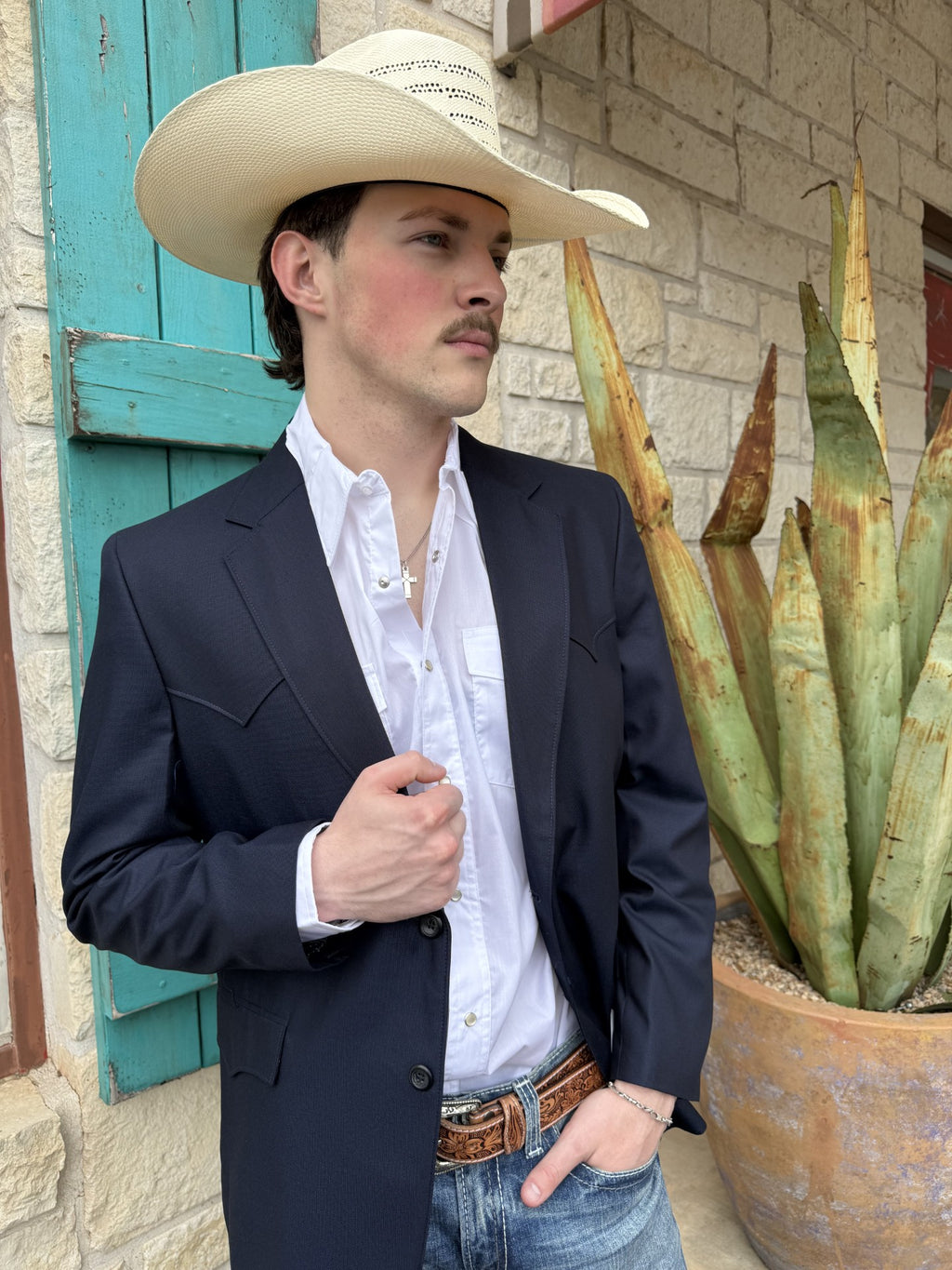Solid navy men's western sport coat with structured tailored silhouette and clean polished finish — Blair's Western Wear Marble Falls TX