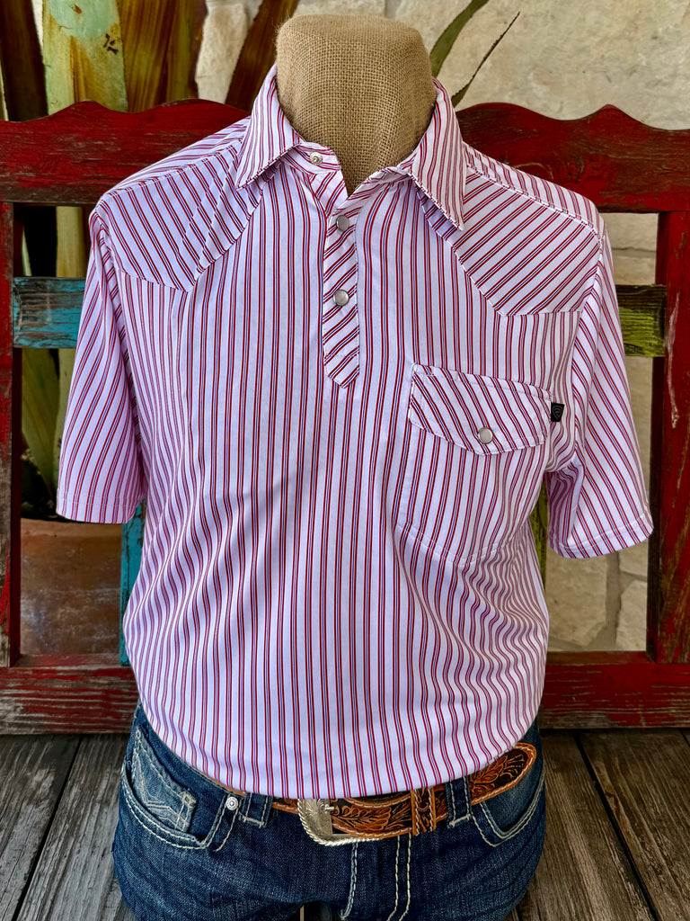 Blair's Western Wear product tag for Panhandle Slim men's short sleeve pearl snap stripe shirt BM51T09060 white red blue $54.99