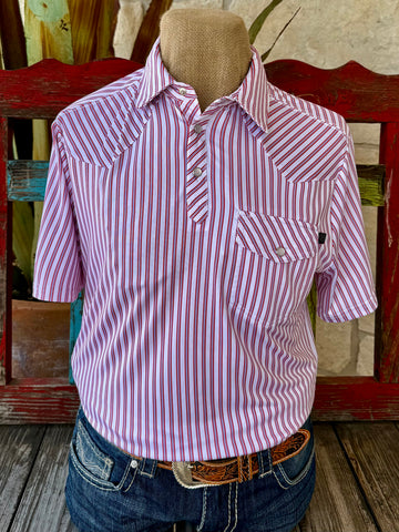 Blair's Western Wear product tag for Panhandle Slim men's short sleeve pearl snap stripe shirt BM51T09060 white red blue $54.99