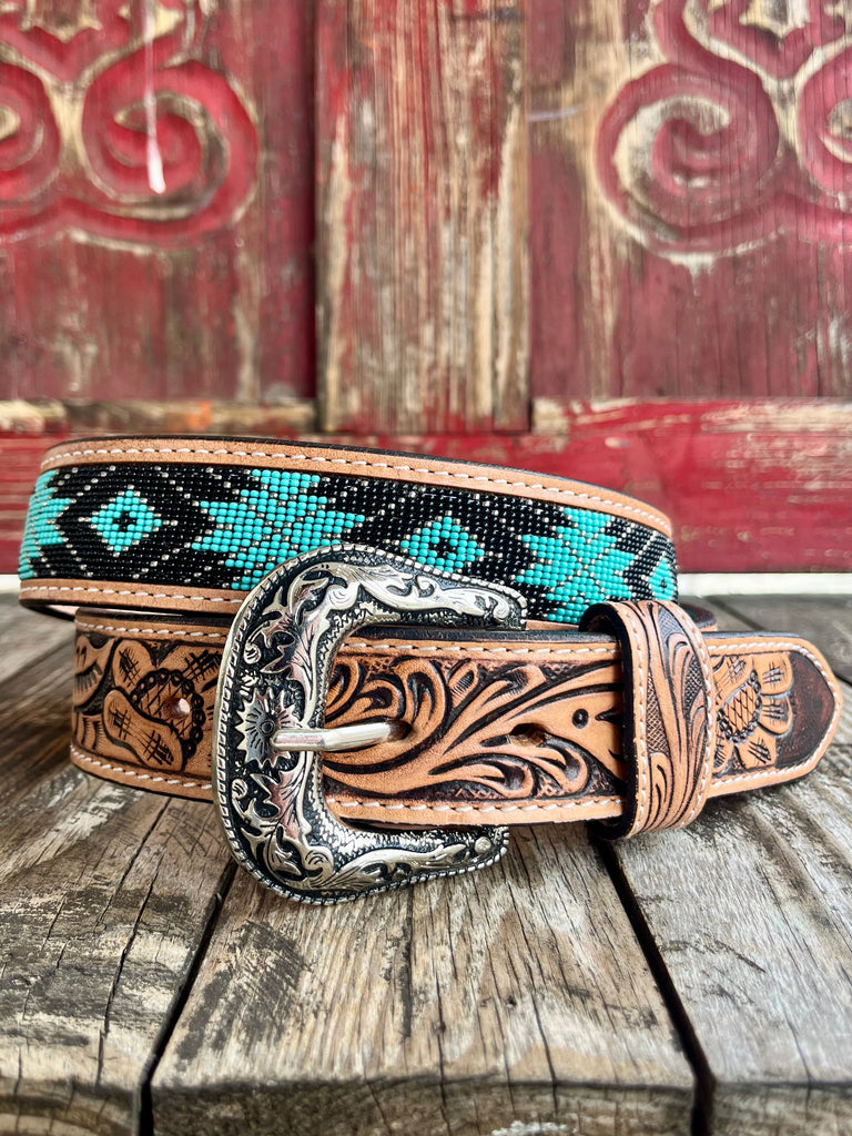 Men’s TACKRUS Western Belt in natural, black, and turquoise, hand-tooled leather with turquoise and black Aztec beaded inlay and antique silver engraved buckle - 26RT38B. Available at Blair's Western Wear, Marble Falls, TX.