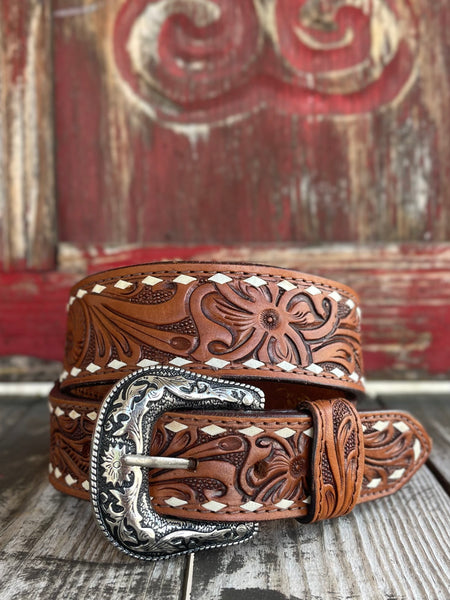 Men's TACKRUS Western Belt Tooled Brown with White Whipstitch, hand-tooled floral leather pattern for authentic style, with white whipstitch edging for added contrast - 26RS50T. Available at Blair's Western Wear, Marble Falls, TX.