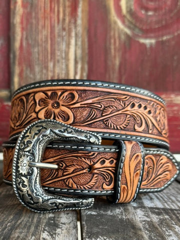 Men's Tackrus Challenger Belt Tool Floral in tan and chocolate, hand-tooled with a decorative silver-tone buckle - 26RS17T. Available at Blair's Western Wear, Marble Falls, TX.