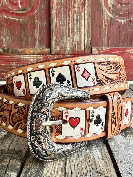 Men’s Tackrus Challenger tooled poker belt in tan leather, hand-tooled floral patterns, with poker-themed ace card bead inlay, and an engraved antique silver buckle - 26RS135T. Available at Blair's Western Wear, Marble Falls, TX.