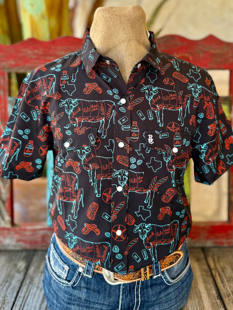 Men's Texas BBQ Print Snap Short Sleeve Shirt