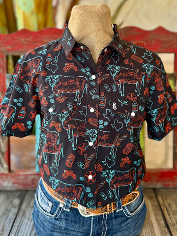 Men's Texas BBQ Print Snap Short Sleeve Shirt