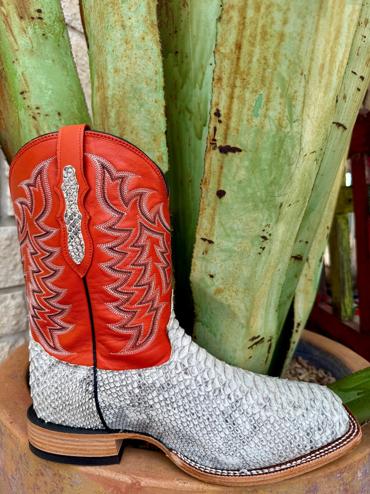Men’s Tony Lama roper square toe python boot in natural and orange, genuine python leather vamp for unique texture, with square toe roper fit for all-day comfort – HE6312. Available at Blair's Western Wear, Marble Falls, TX.