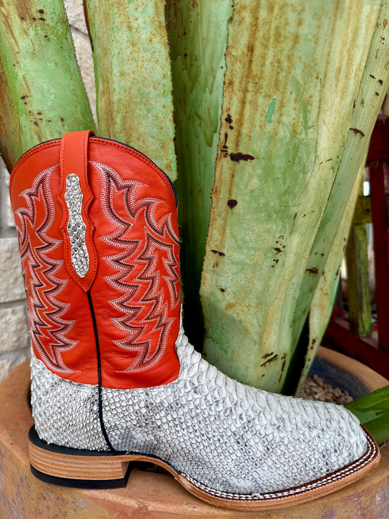 Men’s Tony Lama roper square toe python boot in natural and orange, genuine python leather vamp for unique texture, with square toe roper fit for all-day comfort – HE6312. Available at Blair's Western Wear, Marble Falls, TX.