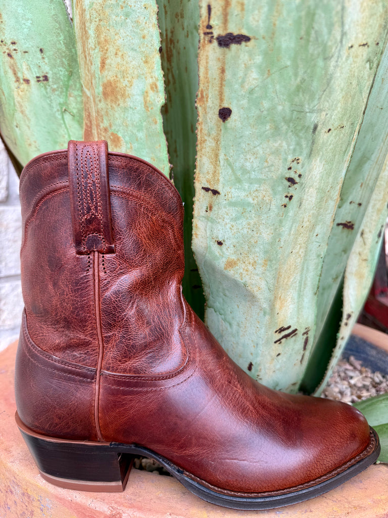 Men’s Tony Lama Western Short Zip Boot in brown leather, smooth leather construction that molds for comfort, with convenient inside zipper for easy wear – DR3150. Available at Blair's Western Wear, Marble Falls, TX.
