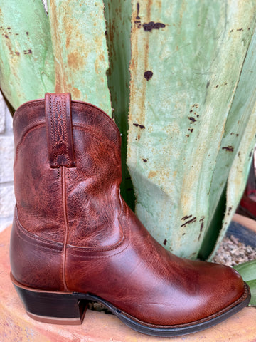 Men’s Tony Lama Western Short Zip Boot in brown leather, smooth leather construction that molds for comfort, with convenient inside zipper for easy wear – DR3150. Available at Blair's Western Wear, Marble Falls, TX.