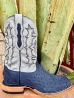 Men’s Tony Lama Western Boot full quill ostrich in blue, built from genuine full quill ostrich leather for long-lasting comfort, with a leather outsole and reinforced rubber heel for traction – HE6265. Available at Blair's Western Wear, Marble Falls, TX.