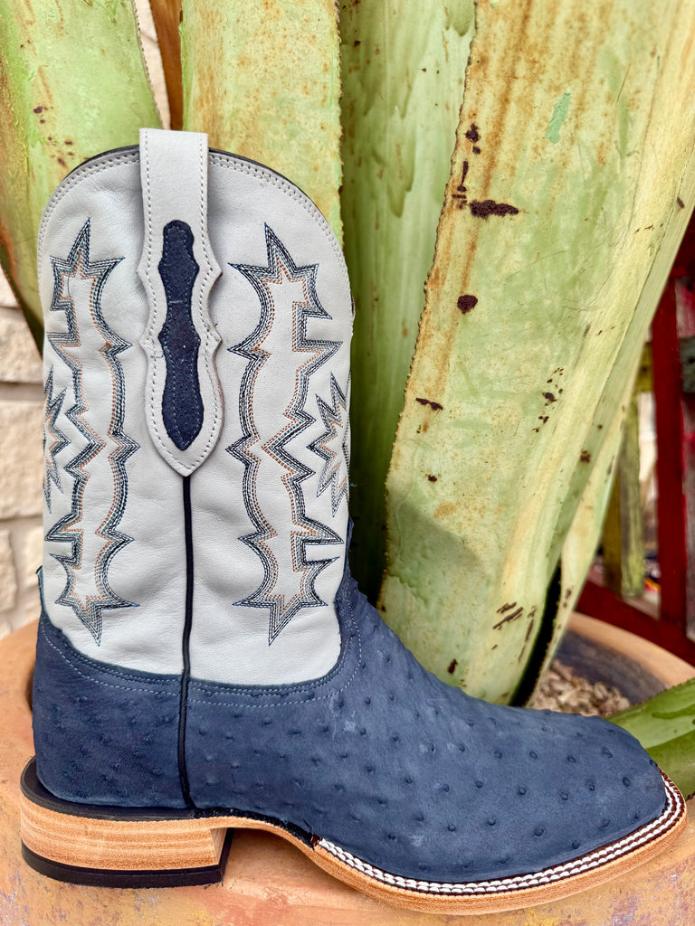 Men’s Tony Lama Western Boot full quill ostrich in blue, built from genuine full quill ostrich leather for long-lasting comfort, with a leather outsole and reinforced rubber heel for traction – HE6265. Available at Blair's Western Wear, Marble Falls, TX.