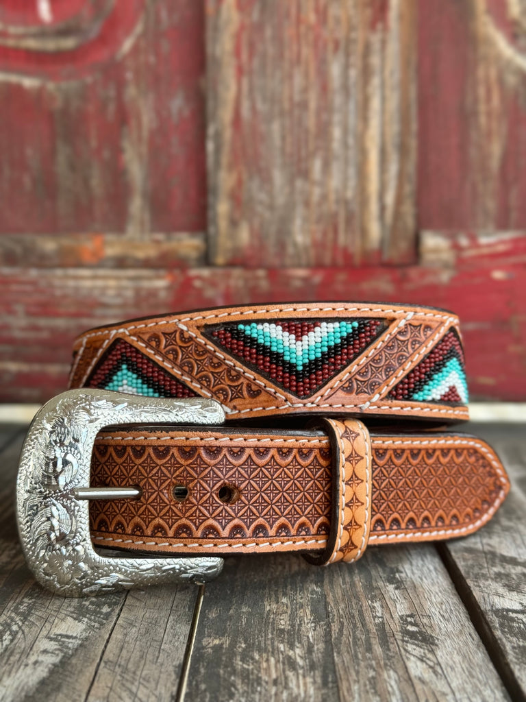 Men's Tooled Leather Belt with Inlayed Aztec Bead Work in a Triangle Pattern - WB-09H - Blair's Western Wear Marble Falls, TX 