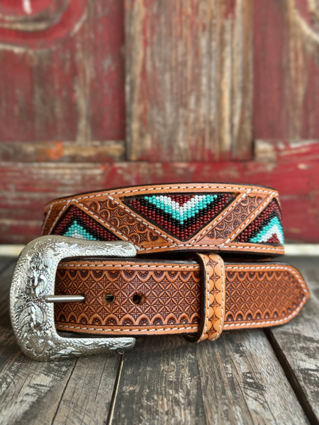 Men's Tooled Leather Belt with Inlayed Aztec Bead Work in a Triangle Pattern - WB-09H - Blair's Western Wear Marble Falls, TX 