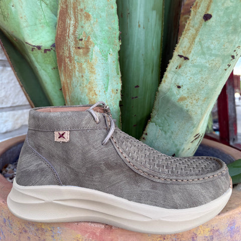 Men’s Twisted X casual tie moc shoe in grey, featuring a breathable woven vamp design, with an oil- and slip-resistant outsole for traction - MCAU016. Available at Blair's Western Wear, Marble Falls, TX.