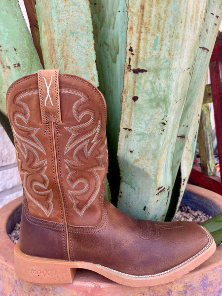 Men's Twisted X Roper Boots Leather Square Toe in Brown, built from full-grain leather for durability, with CellStretch® sole for lasting comfort - MXTR005. Available at Blair's Western Wear, Marble Falls, TX.