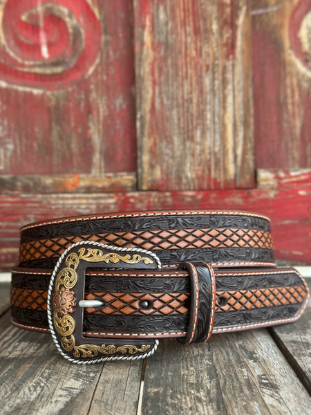 Men's Tooled Leather Belt in Black & Red with Gold & Rose Gold - N2100012133 - Blair's Western Wear Marble Falls, TX 