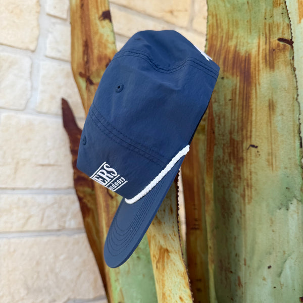 A navy blue cap with a white rope detail and a white embroidered logo reading 