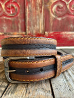 Men's Vintage Bison leather belt in honey and black, crafted from premium bison leather that offers exceptional durability while remaining flexible, with detailed scalloped edge tooling along the center strip - VB64063. Available at Blair's Western Wear, Marble Falls, TX.